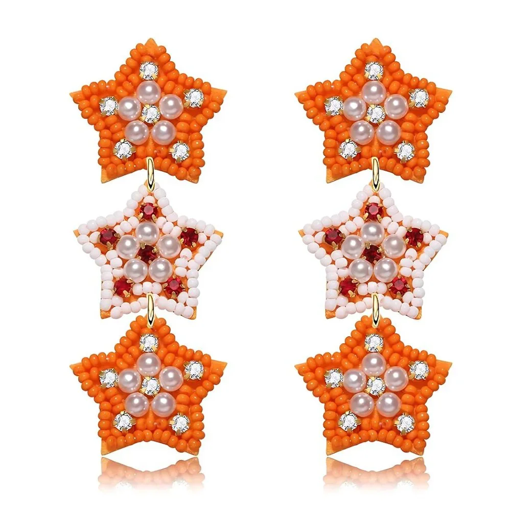 Tennessee Vols Team Colors Football Fan Triple Star Seed Beaded Earrings - Picture 2 of 2